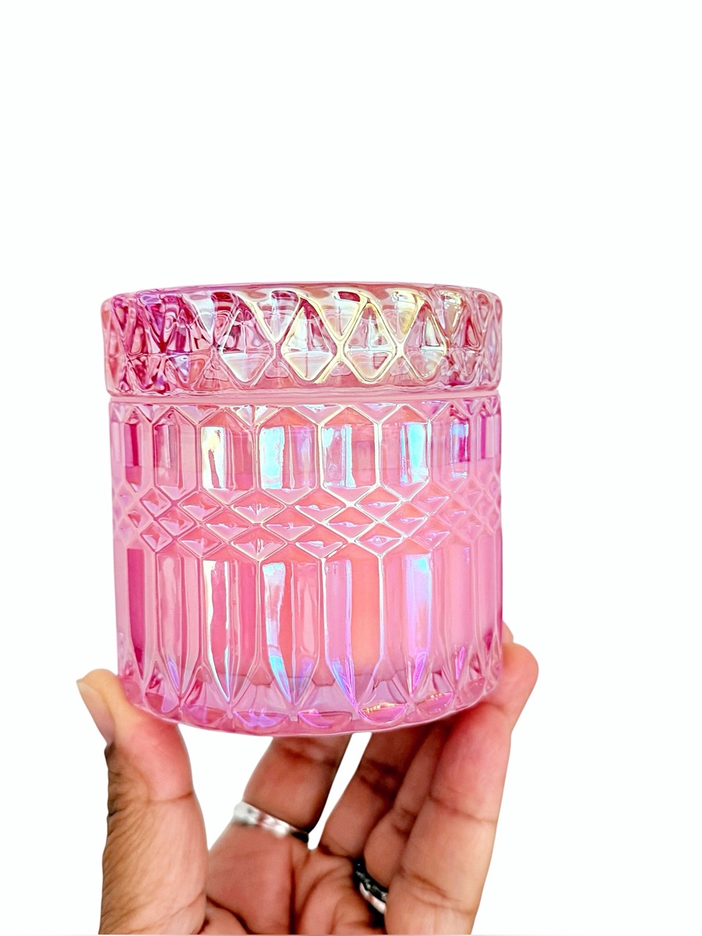 Leoben Company Guava Blossom Scented Candle Iridescent Pink Cut Glass Jar w/ Lid